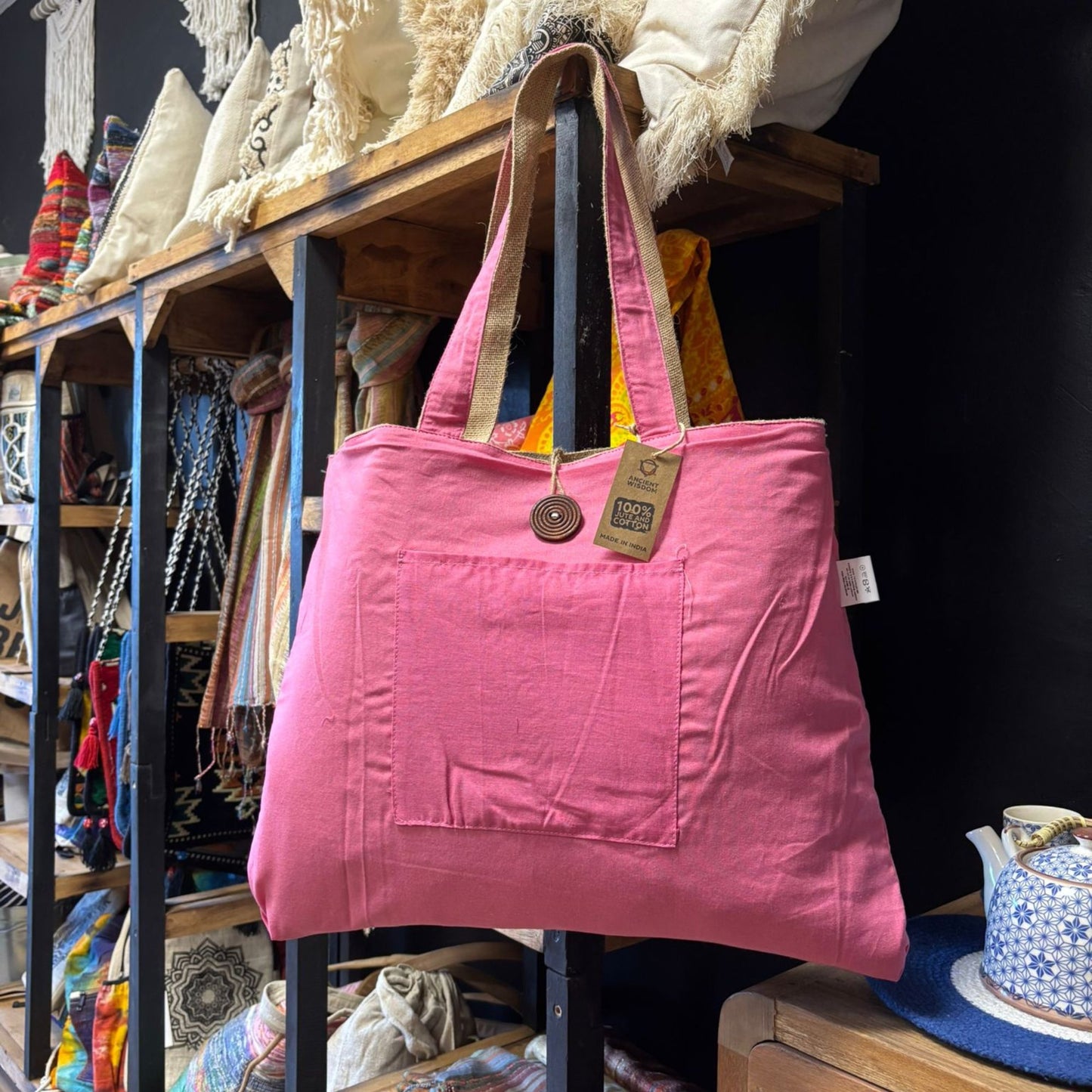 Jute & Cotton Reversible Big Bag - Pink