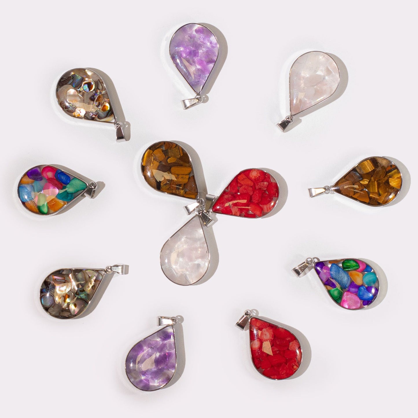 Steel Cased Pendant Teardrops - 12 Assorted Gemstone Chips & Shells