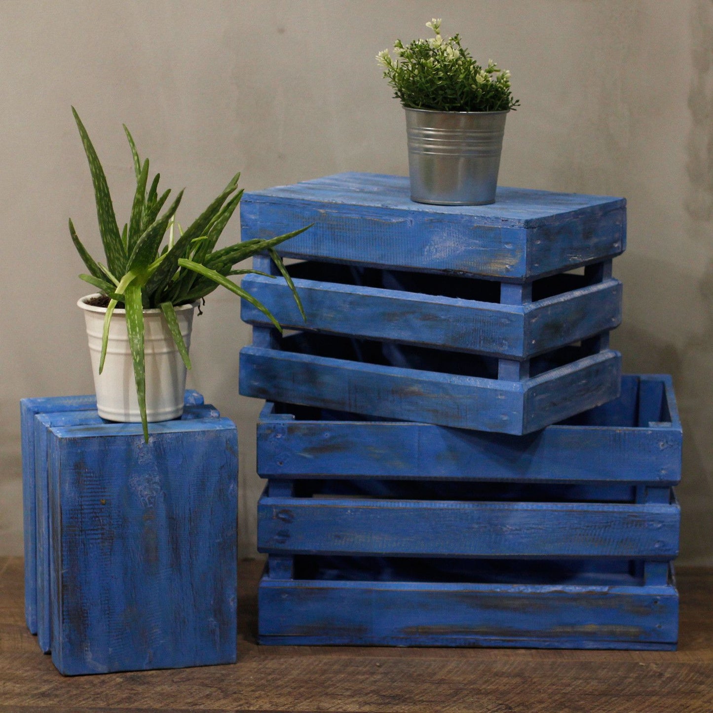 Wooden Storage Crates Bluewash (Set of 3)