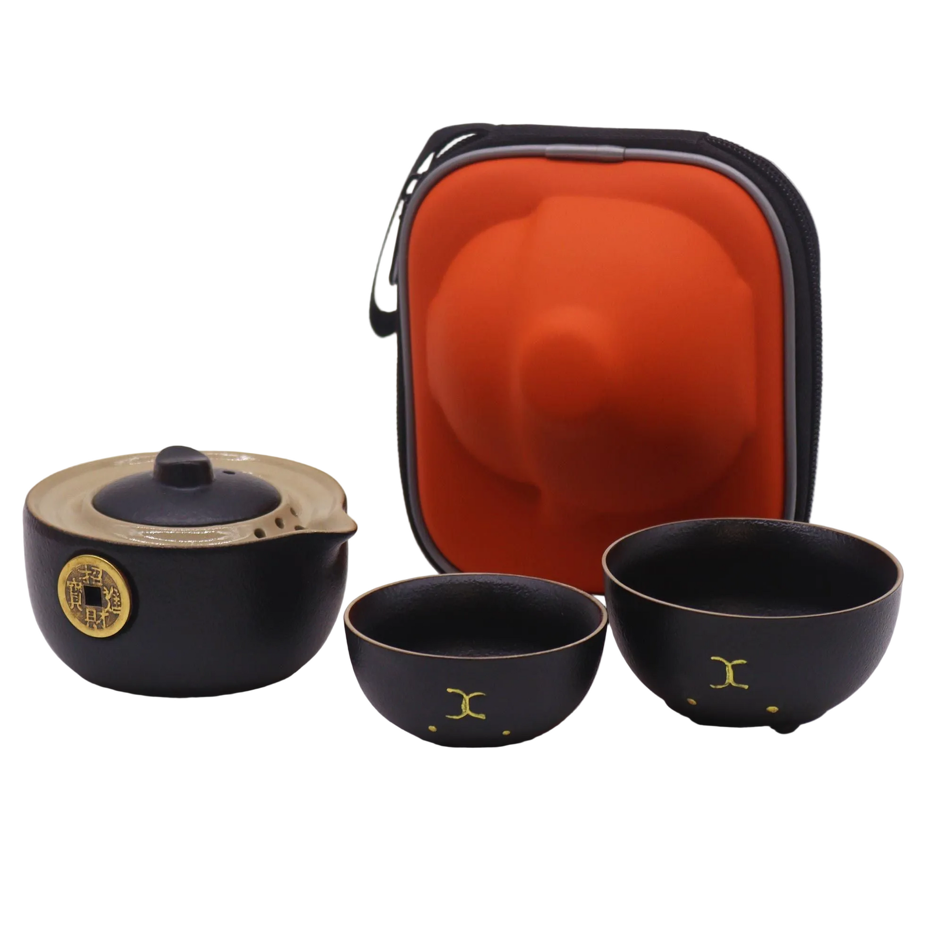 Money Cat Teapot Set - Two Cups - Travel Pack - Black