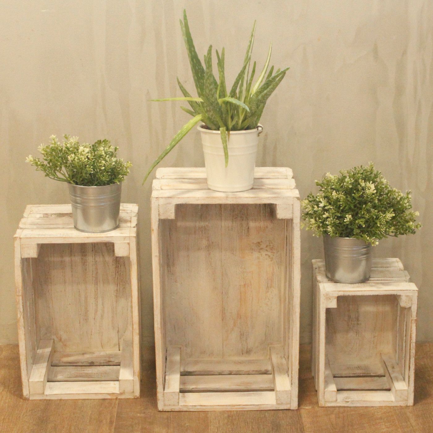 Wooden Storage Crates Whitewash (Set of 3)