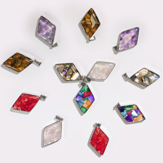 Steel Cased Pendant Diamonds - 12 Assorted Gemstone Chips & Shells
