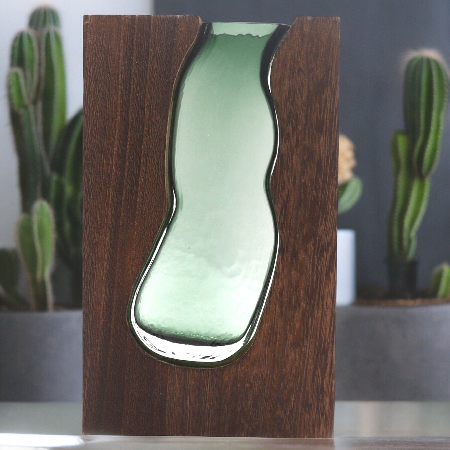 Large Glass Vase/Terrarium inside Dark Tung Wood