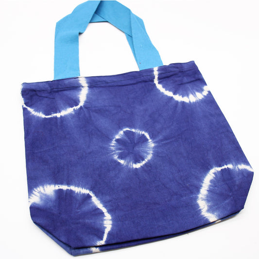 Natural Tye-Dye Cotton Bag (8oz) - 38x42x12cm - Blue Rings - Blue Handle