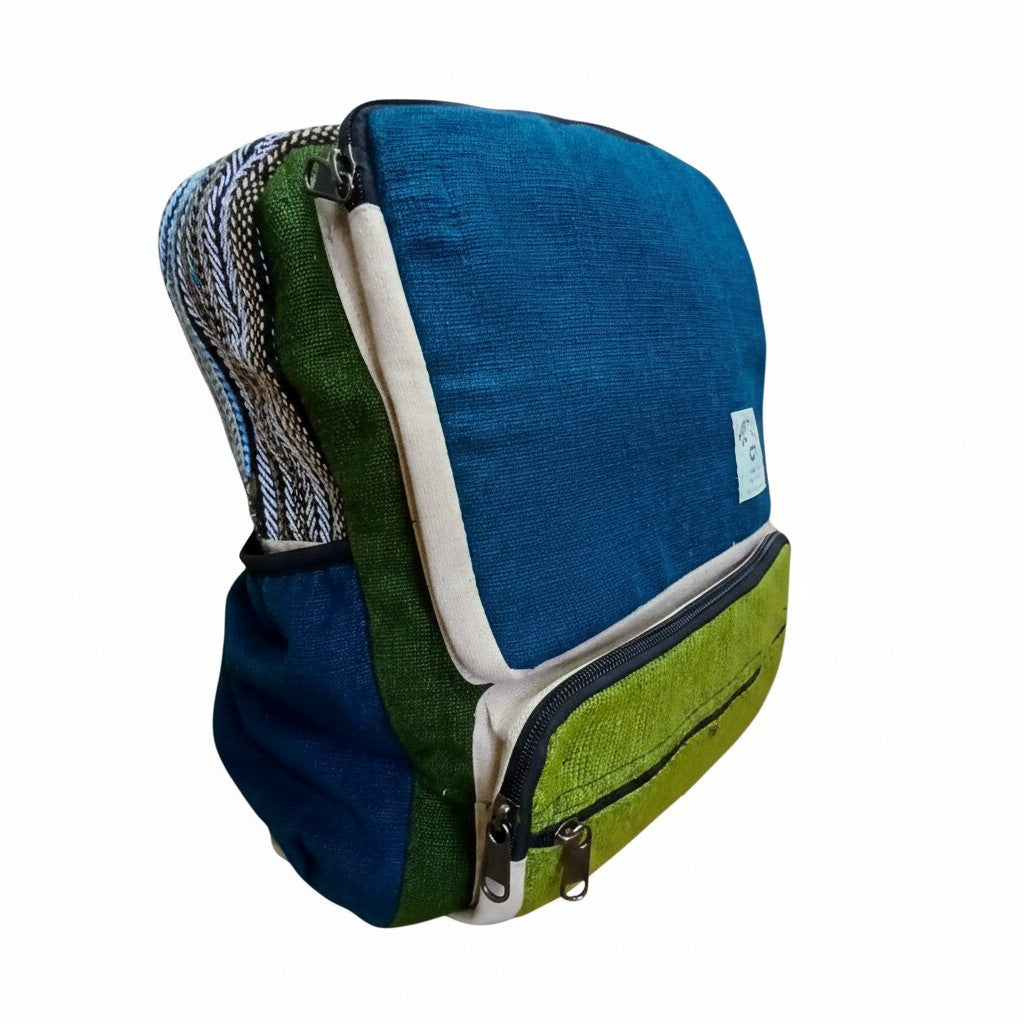 Large Boxy Hemp Backpack - Teal & Sage