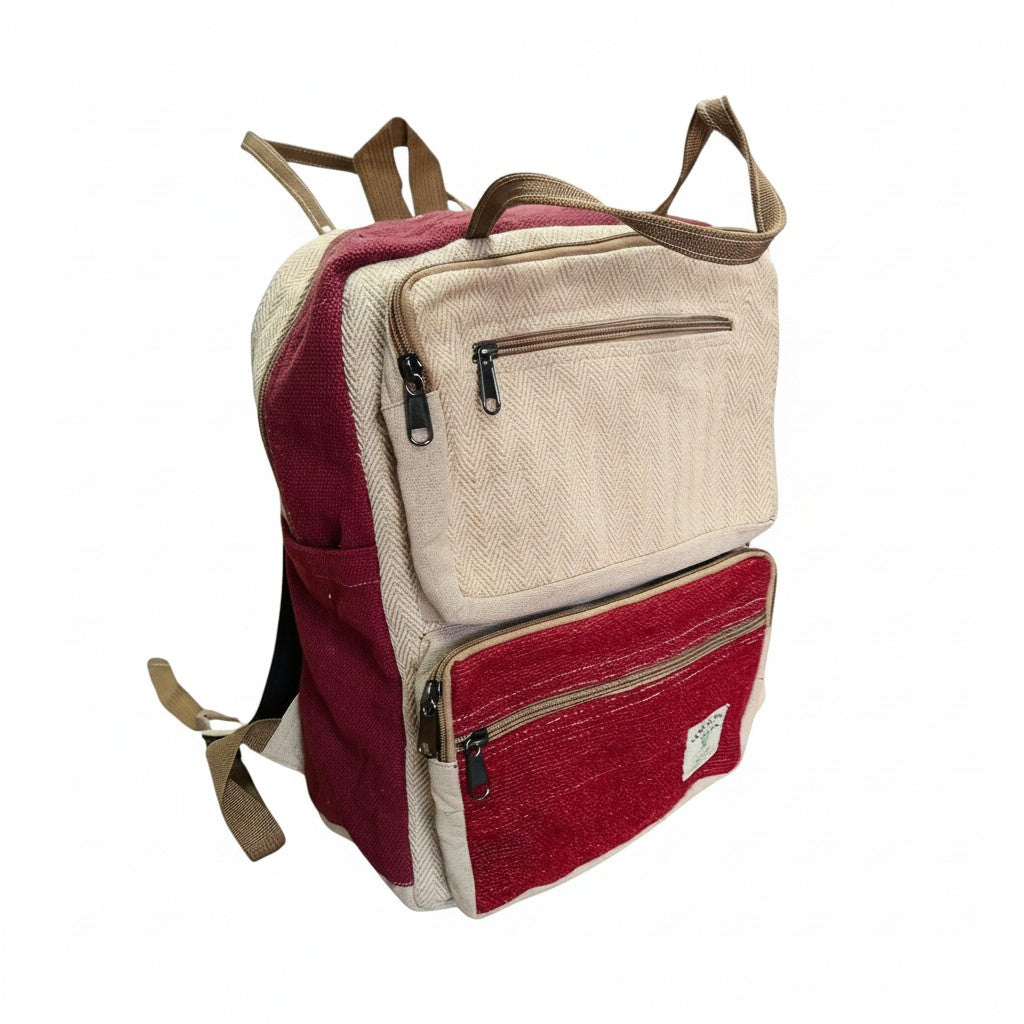 Large Boxy Hemp Backpack - Wine & Cream 39x27x12 (cm)