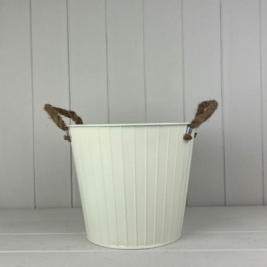 23cm Cream Round Tapered Zinc Planter with Rope Ears with Drainage Hole