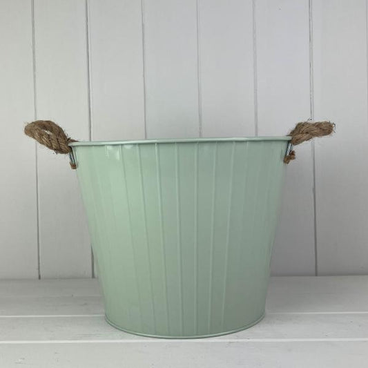 28cm Sage Green Round Tapered Zinc Planter with Rope Ears and Drainage Hole