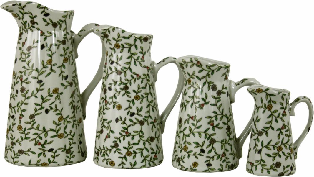 Set of 4 Ceramic Jugs  Vintage Green & White Floral Design
