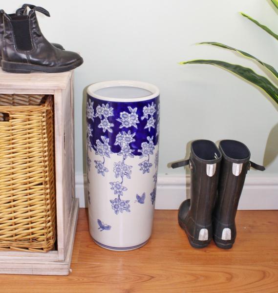 Umbrella Stand  Vintage Blue & White Flowers And Butterfly Design
