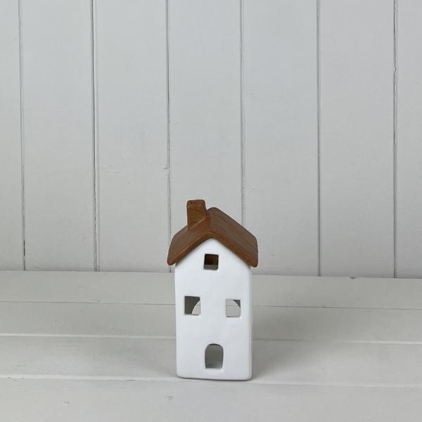 White/Wood Grain Effect Ceramic House Tealight Holder