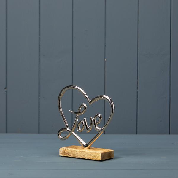 Silver Heart with Love on Wooden Base 16x5x16cm
