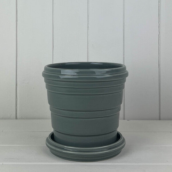 Set of 2 Grey Ribbed Ceramic Plant Pot and Saucer