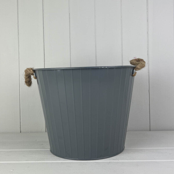 28cm Cool Grey Round Tapered Zinc Planter with Rope ears and Drainage Hole