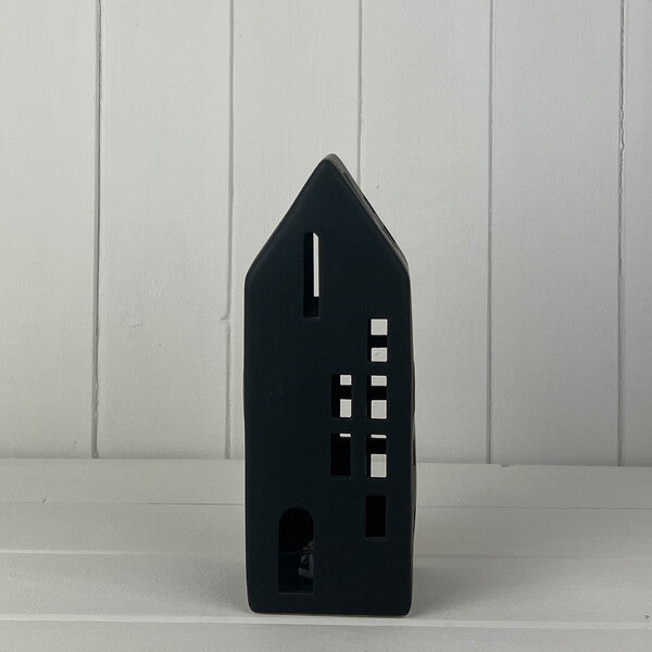Tall Black Ceramic Led House With Cut Out Windows