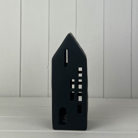 Tall Black Ceramic Led House With Cut Out Windows