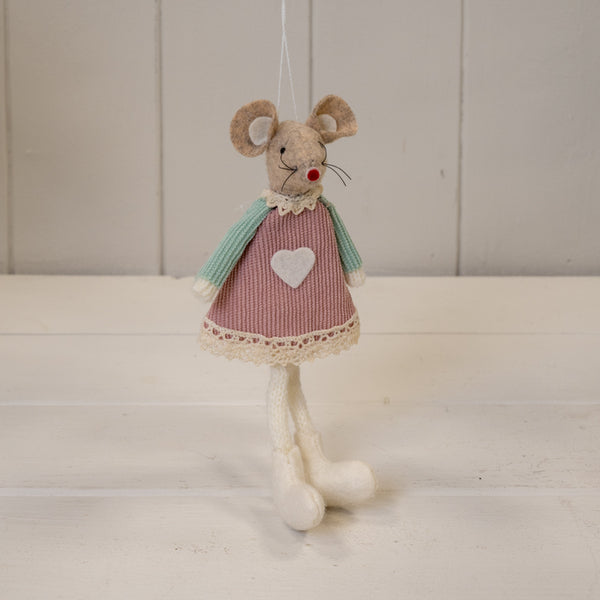 Pink Fabric Sitting / Hanging Mouse With Green Sleeves