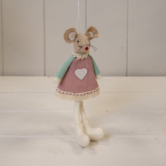 Pink Fabric Sitting / Hanging Mouse With Green Sleeves