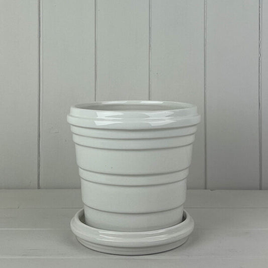 White Ribbed Ceramic Pot And Saucer