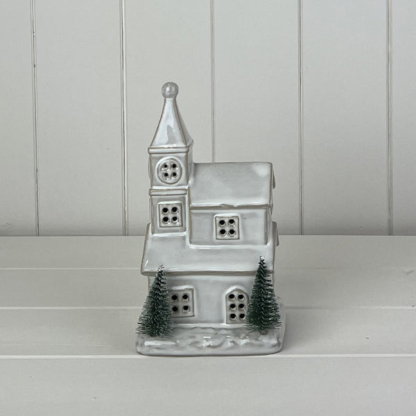 Glazed Ceramic Church Ornament with Textured Detail and LED L10.8xD8.7xH19.5cm  Weight- 450g