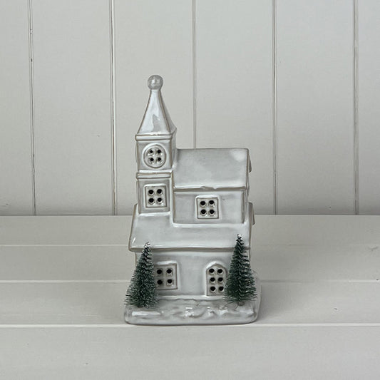 Glazed Ceramic Church Ornament with Textured Detail and LED L10.8xD8.7xH19.5cm  Weight- 450g