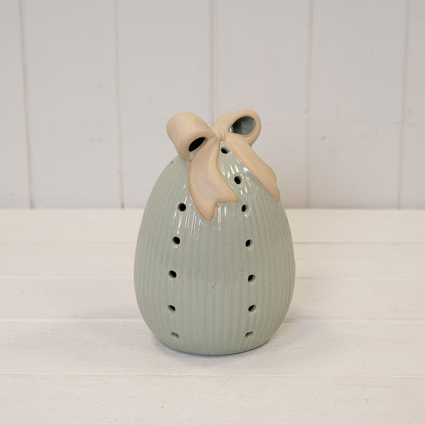Sage Green Ceramic Egg with Bow Large with LED Timer 11.3cm x 11cm x 16.5cm