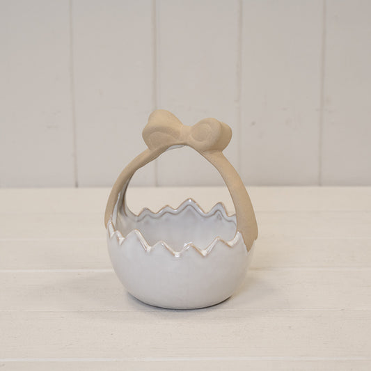 Ceramic Easter Egg Basket White Glazed with Unglazed Bow Handle 125.7cm x 11cm x 15.3cm