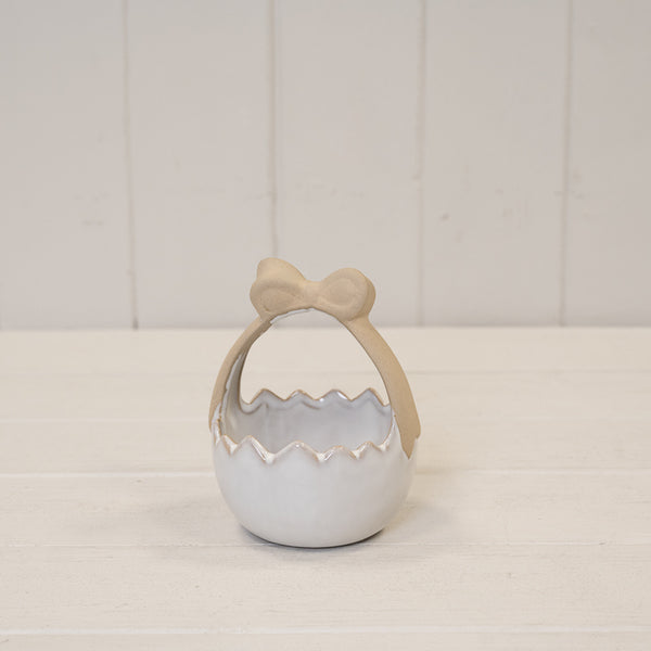 Ceramic Easter Egg Basket White Glazed with Unglazed Bow Handle 9.7cm x 8.8cm x 12.3cm