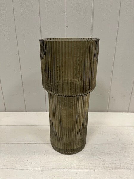 Olive Green Tall Glass Ribbed Vase 14cm x 29.5cm x 11cm