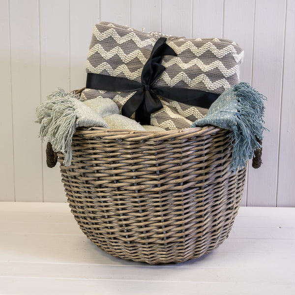Willow Log Basket with Hessian Liner and Rope Handles TD48cm H36cm