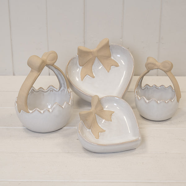 Heart Shaped Shallow Dish with Unglazed Bow Design 15.3cm