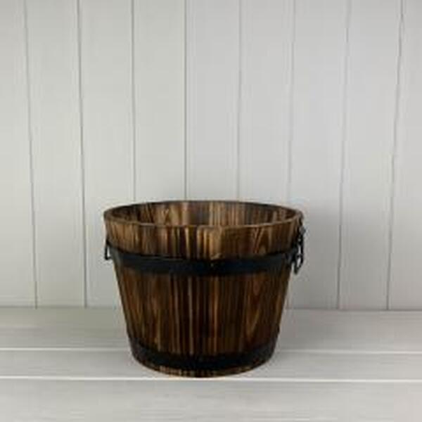 Burntwood Wooden Barrel with metal handles and drainage hole. TD32 x H21  X B25