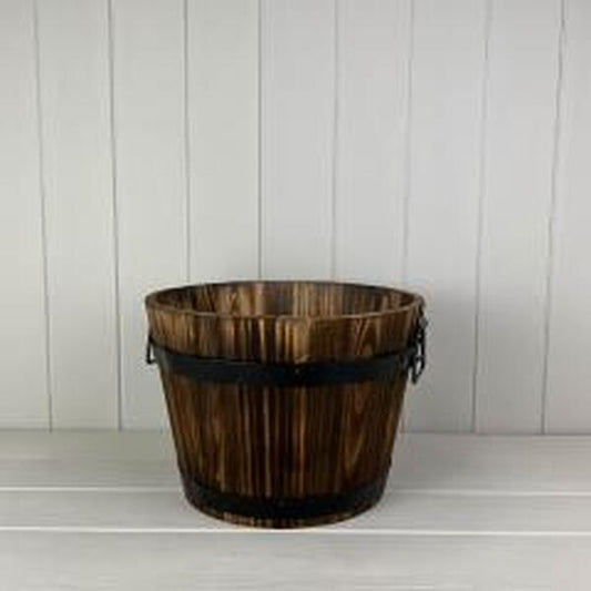 Burntwood Wooden Barrel with metal handles and drainage hole. TD32 x H21  X B25