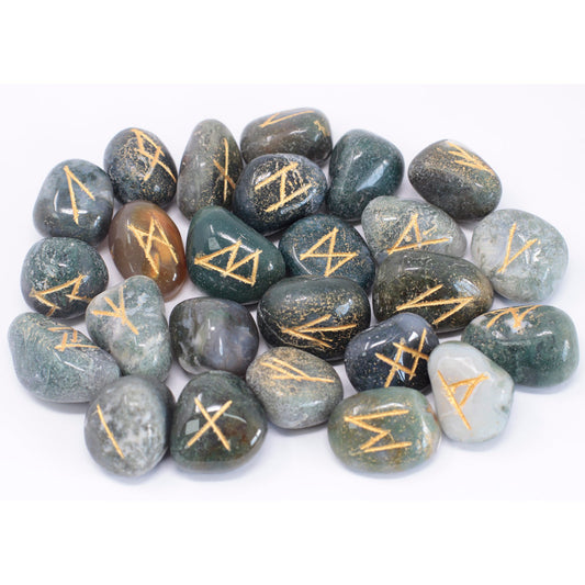 Runes Stone Set in Pouch Moss Agate