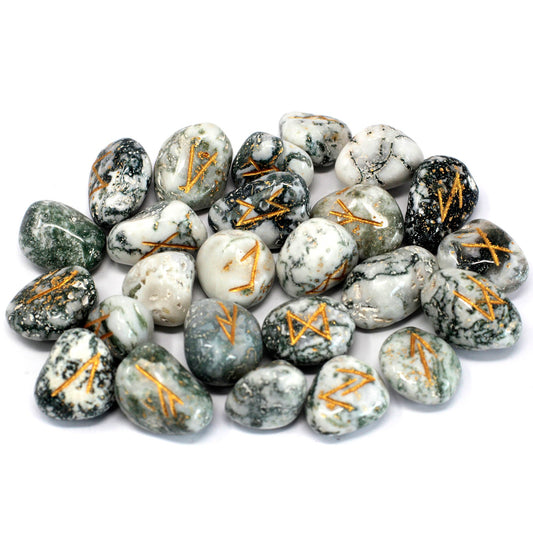 Runes Stone Set in Pouch Tree Agate