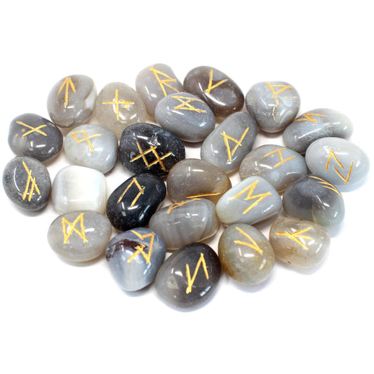 Runes Stone Set in Pouch Grey Agate