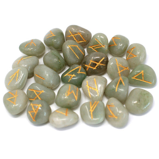 Runes Stone Set in Pouch Green Aventurine