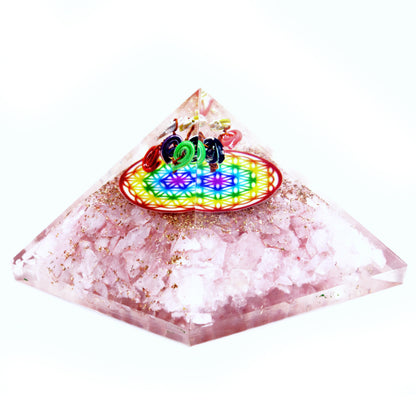 Orgonite Pyramid Rose Quartz Rainbow Flower of Life 70 mm