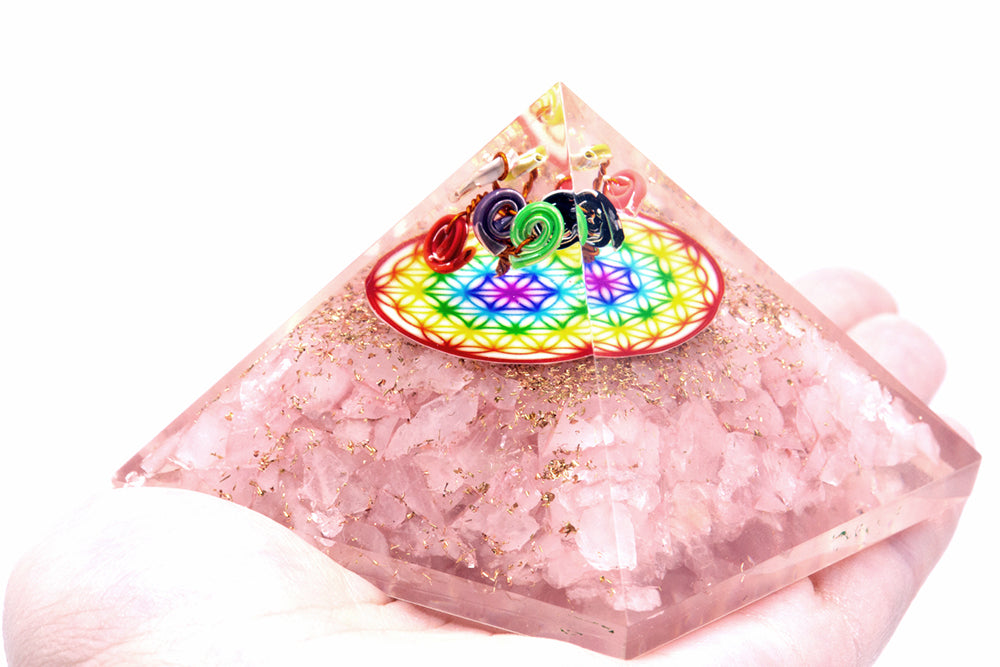 Orgonite Pyramid Rose Quartz Rainbow Flower of Life 70 mm