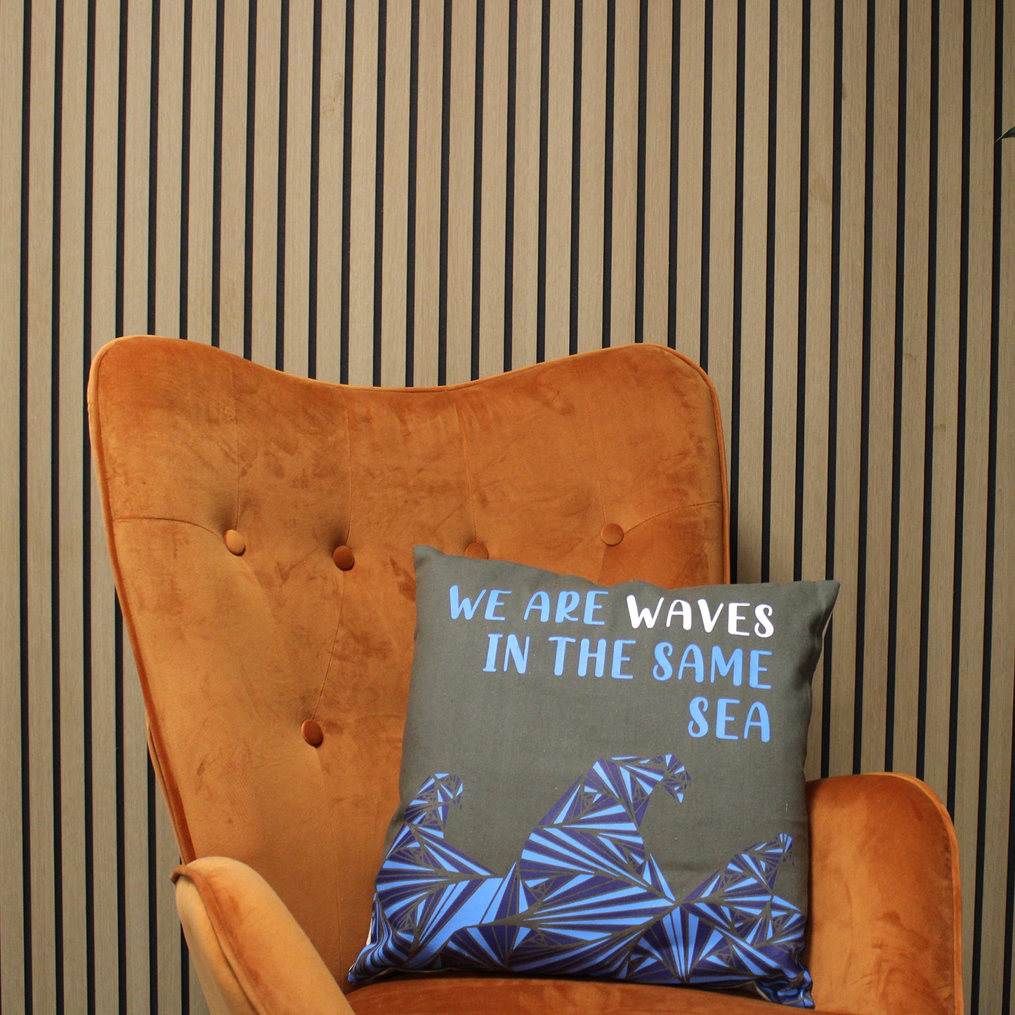 We are Waves Grey, Blue and Natural Printed Cotton Cushion Cover