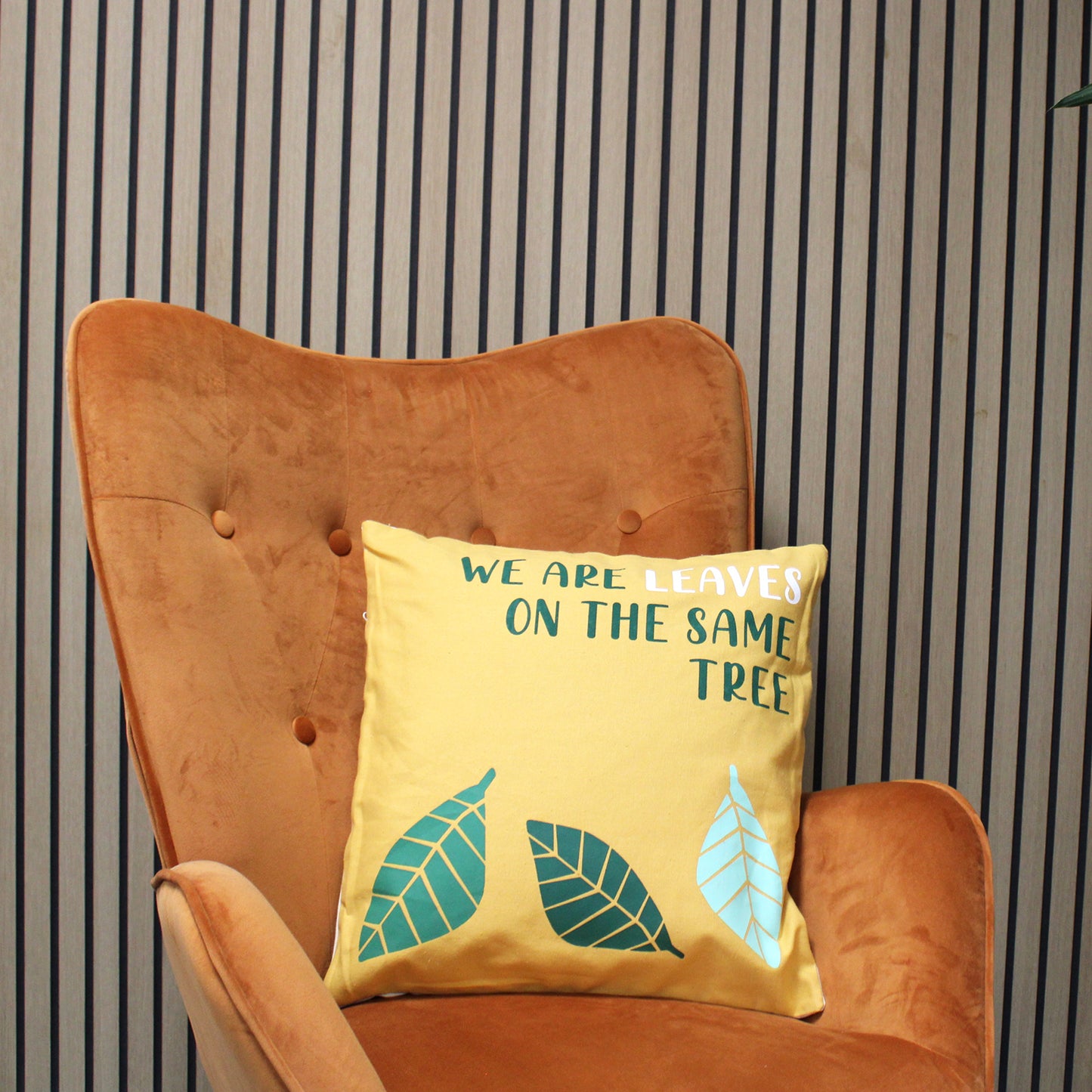 We are Leaves Yellow, Blue and Natural Printed Cotton Cushion Cover