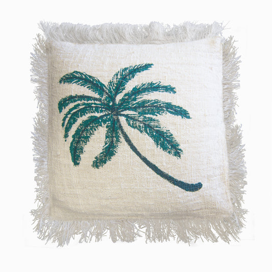 Linen Cushion Cover 45x45cm Palm Tree with Fringe