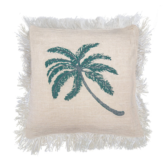 Linen Cushion Cover 60x60cm Palm Tree with Fringe