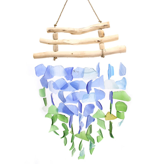 Three Stick Blue and Green Recycled Glass Wind Chime