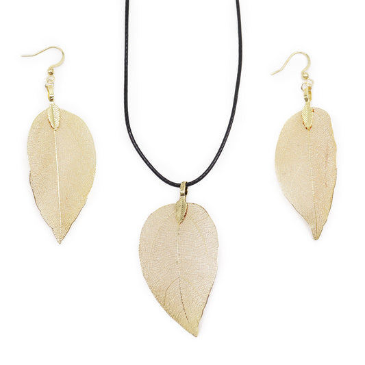 Gold Necklace & Earring Set Bravery Leaf