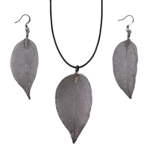 Pewter Necklace & Earring Set Bravery Leaf