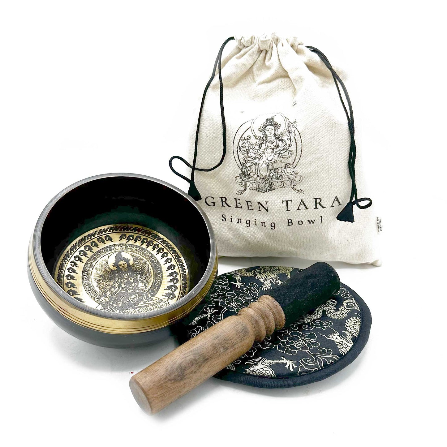 Hand Beaten & Engraved Singing Bowl Gift Set 14cm Green Tara