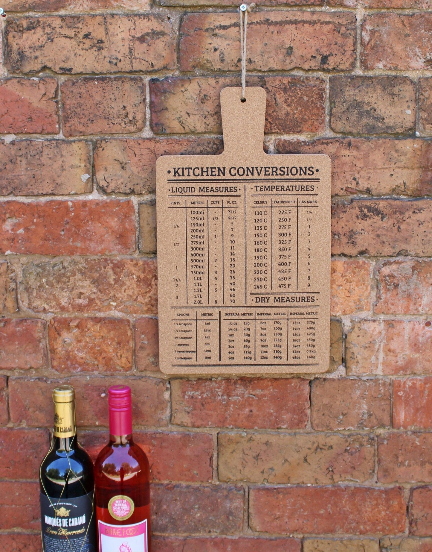 Hanging Cork Board Featuring Kitchen Conversions Chart